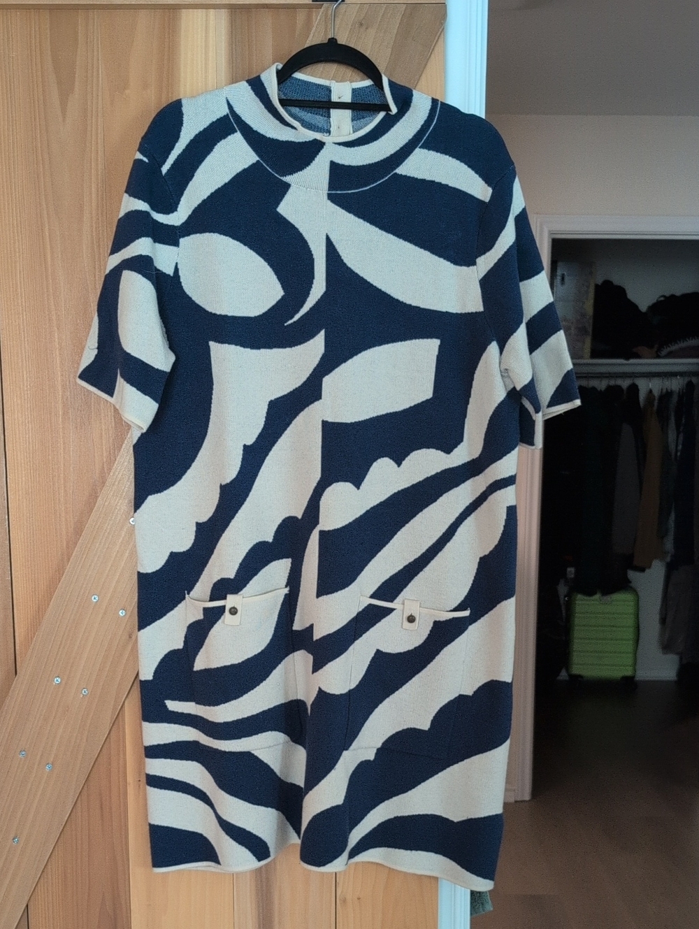 Anthropologie Navy and Cream Midi Dress with Abstract Pattern